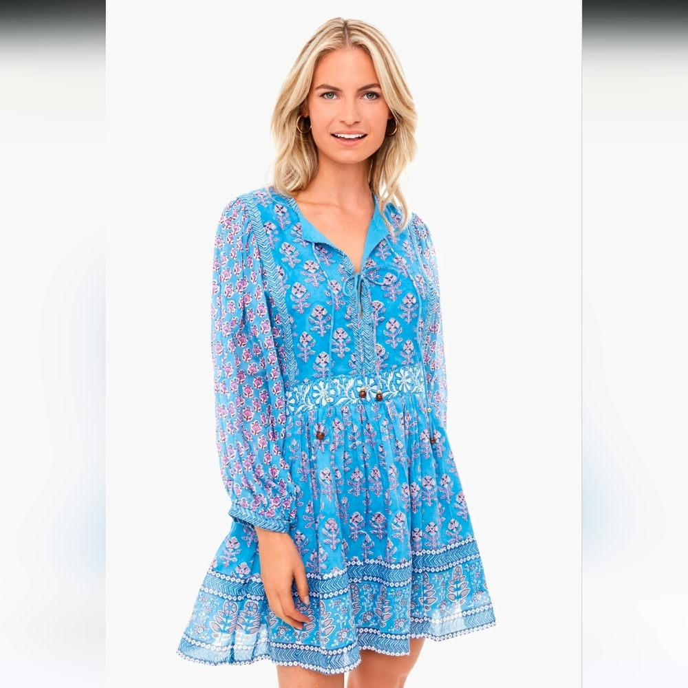 Oliphant Design Tie Front Balloon Sleeve Dress- Antibes Blue | Medium